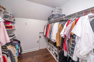Spacious closet featuring dark wood-style floors