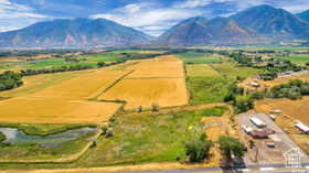Aerial view of sparsely populated area with a mountain backdrop