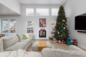 Living room featuring wood finished floors, a fireplace, and a high ceiling