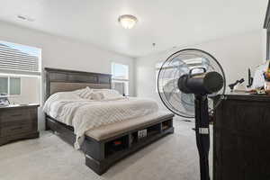Master bedroom suite featuring light colored carpet