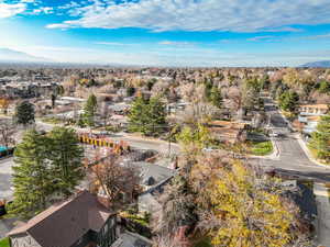 Aerial perspective of suburban area featuring mountains