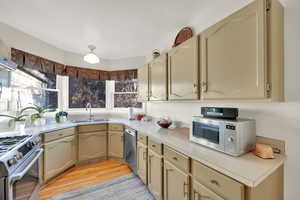 Kitchen featuring appliances with stainless steel finishes, light countertops, light wood-style floors, and cream cabinets