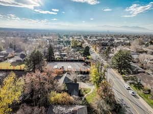 Aerial view of residential area featuring mountains