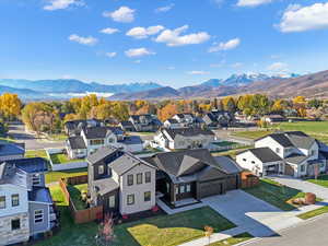 Aerial perspective of suburban area with mountains