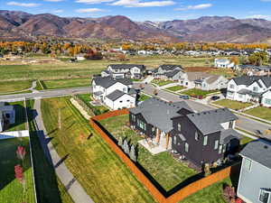 Aerial view of residential area with a mountain backdrop