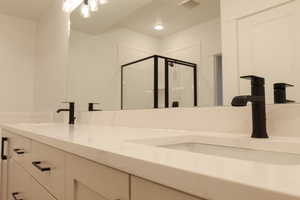 Full bath with a stall shower and double vanity