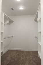 Walk in closet featuring dark carpet