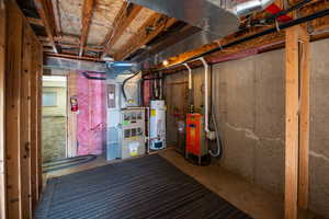 Unfinished below grade area with water heater, heating unit, and a heating unit