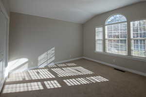 Spare room with vaulted ceiling and carpet flooring