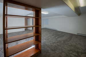 Additional living space with carpet floors and a baseboard radiator