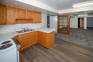 Kitchen with a peninsula, light countertops, white electric range oven, a textured ceiling, and dark colored carpet