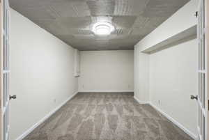 Below grade area with light colored carpet and baseboards