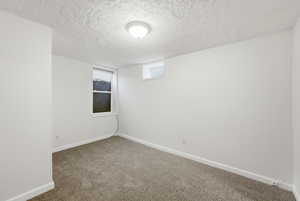 Unfurnished room featuring a textured ceiling and carpet