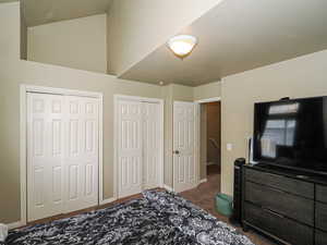 Bedroom with dark colored carpet, multiple closets, and lofted ceiling