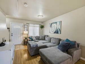 Living area with light wood-type flooring and a textured ceiling