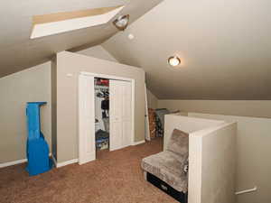 Additional living space featuring lofted ceiling and carpet