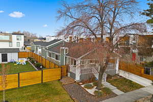 Fenced backyard with a residential view and a deck