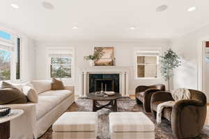 Living area featuring a high end fireplace, recessed lighting, and crown molding