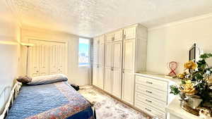 Bedroom featuring crown molding, a textured ceiling, and two closets
