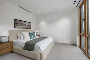 Bedroom featuring carpet floors, recessed lighting, and access to outside