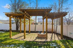 Fenced backyard with a pergola, a patio, and a fire pit