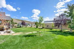View of grassy yard with an outdoor living space, a patio area, and a mountain view