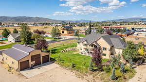 Aerial perspective of suburban area with mountains
