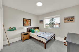 Bedroom featuring baseboards and light carpet