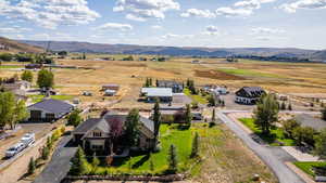 Aerial view of sparsely populated area with mountains
