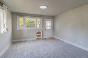 Entrance foyer featuring a textured wall, light colored carpet, and a textured ceiling