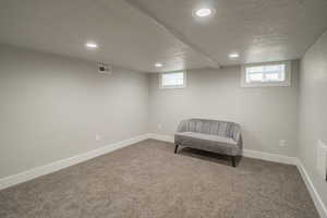 Sitting room with carpet floors, recessed lighting, a textured ceiling, and a textured wall