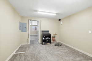 Carpeted spare room featuring electric panel