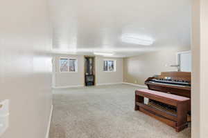 Sitting room featuring light colored carpet and baseboards