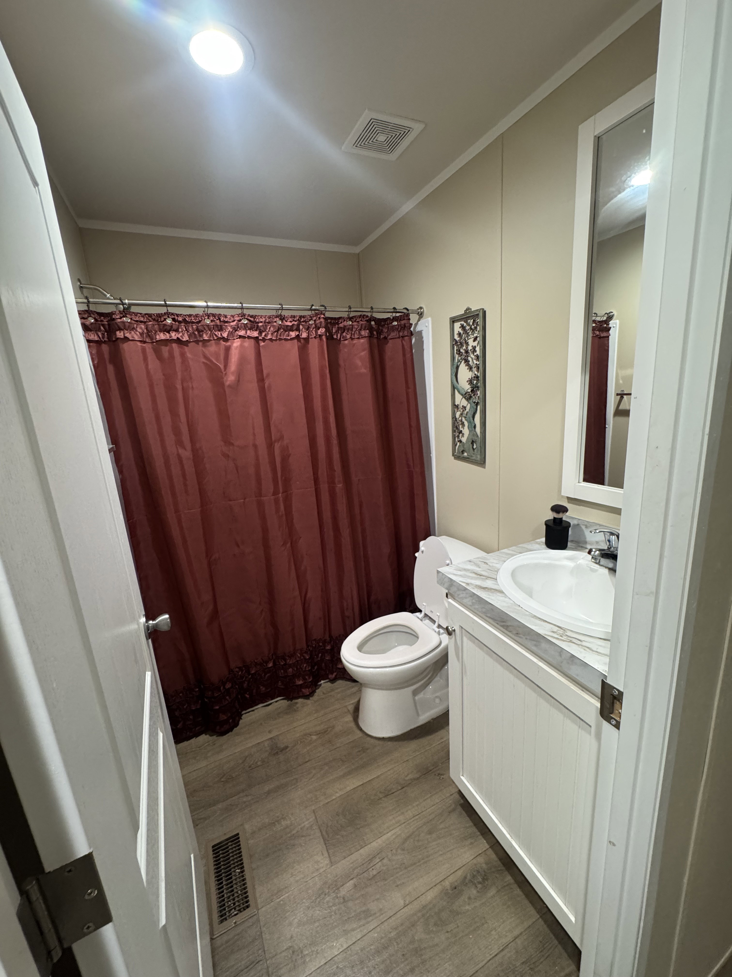 Full bath with curtained shower, vanity, dark wood-style floors, and ornamental molding