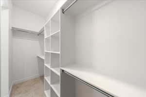 Spacious closet featuring light carpet