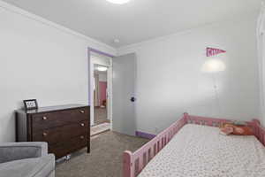 Carpeted bedroom featuring crown molding