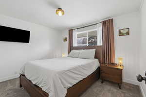 Bedroom featuring carpet flooring and ornamental molding