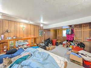 Carpeted bedroom with wood walls and rail lighting