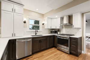 Stainless steel appliances and vent hood.