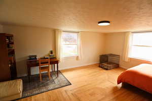 Bedroom with a textured ceiling