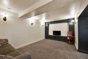 Home theater room with a textured ceiling and carpet flooring