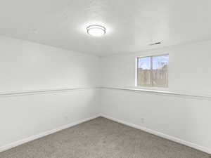Unfurnished room featuring a textured ceiling and light colored carpet