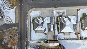 Aerial overview of property's location with nearby suburban area