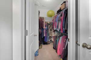 Spacious primary closet with light colored carpet