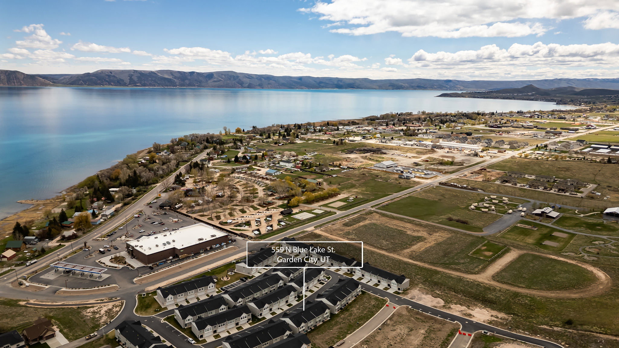 Aerial view of a water and mountain view