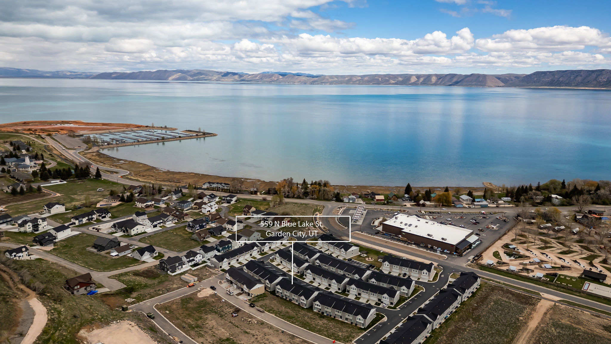Aerial view of a water and mountain view