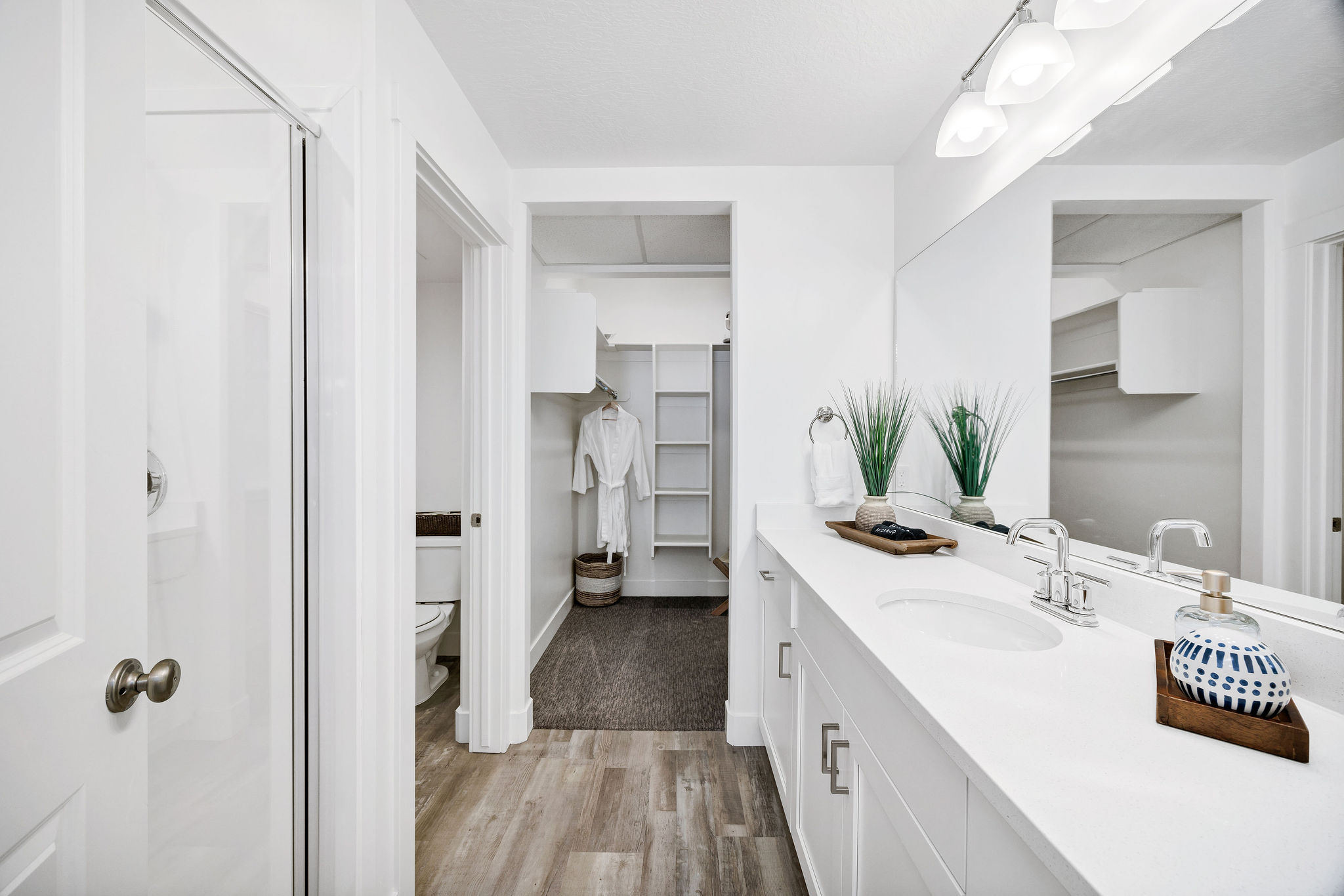 Bathroom with a walk in closet, vanity, light wood finished floors, and a shower stall