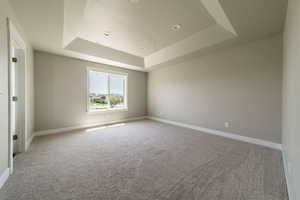 Spare room featuring a tray ceiling and light colored carpet