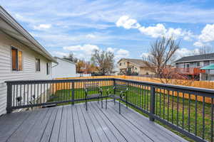 Wooden deck with a fenced backyard and a residential view