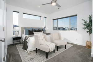 Bedroom with carpet floors, a ceiling fan, and recessed lighting